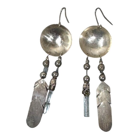Vintage Southwest Silver Feather Dangle Earrings Engraved Design Quartz Crystal - Picture 7 of 8